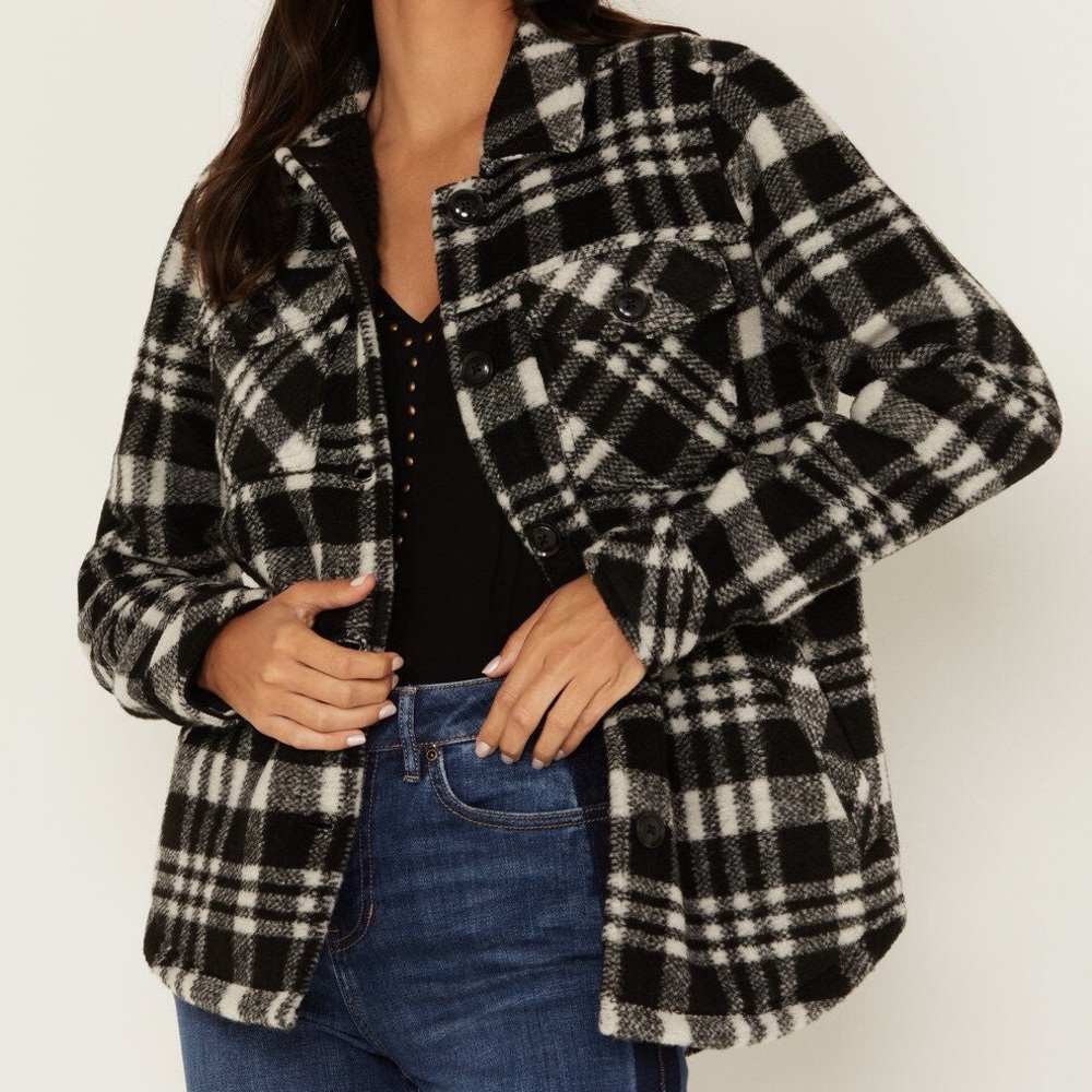 Idyllwind Plaid Shacket Jacket Black White Western Button XS Cozy Cowgirl